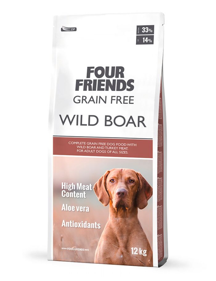Four Friends Grain Free Wild Boar 12kg. Spannmålsfritt torrfoder för hundar baserat på till största del vildsvin, som har en bra profil av aminosyror.