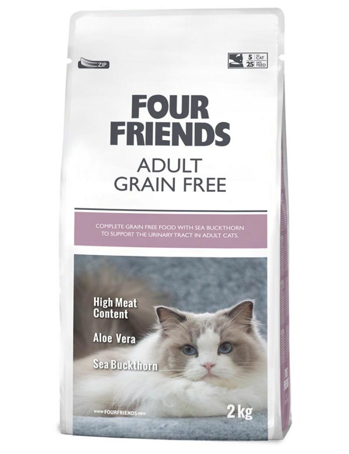 Four Friends Adult Grain Free 2 kg. Spannmålsfritt torrfoder till vuxen katt med hög kötthalt, aloe vera och havtornsextrakt.