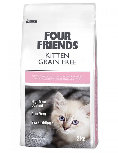 Four Friends Kitten Grain Free 2 kg. Spannmålsfritt torrfoder till kattungar. Hög kötthalt, aloe vera och havtornsextrakt.