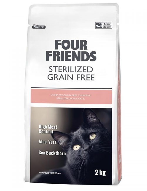 Four Friends Sterilized Grain Free 2 kg. Spannmålsfritt torrfoder till steriliserade katter. Passar även bra för de med hårbollsproblematik.