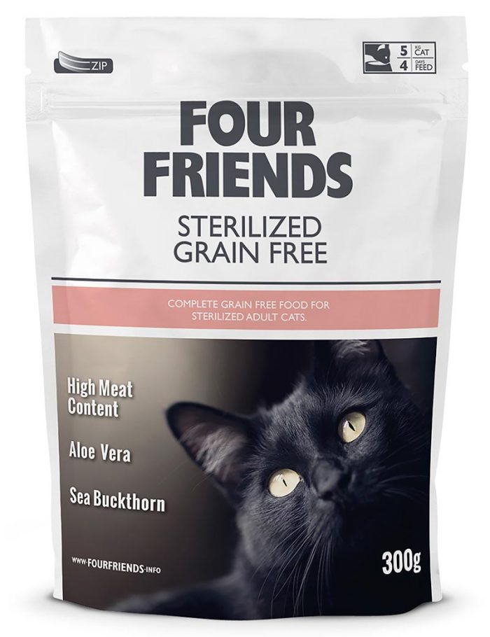 Four Friends Sterilized Grain Free 300 g. Spannmålsfritt torrfoder till steriliserade katter. Passar även bra för de med hårbollsproblematik.