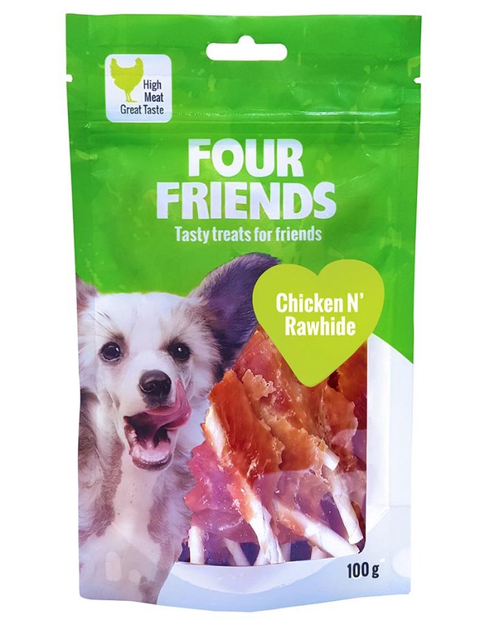 Four Friends Treats 100 g. Tuggben med kycklingkött och kohud som belöningsgodis eller träningsgodis till hundar.