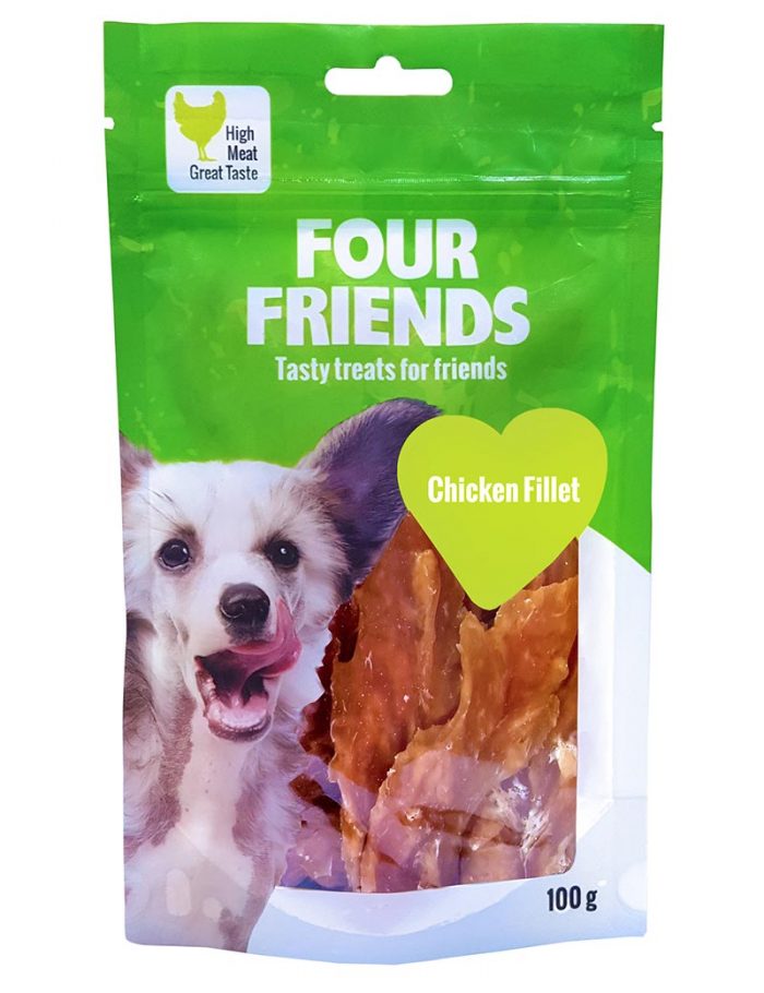 Four Friends Treats 100 g. Remsa med kycklingkött som belöningsgodis eller träningsgodis till hundar.