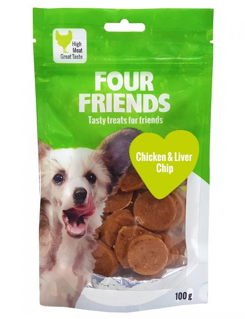 Four Friends Treats 100 g. Mynt med kycklingkött och lever som belöningsgodis eller träningsgodis till hundar.