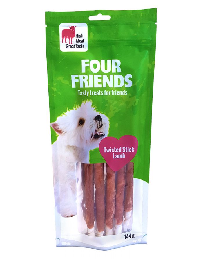 Four Friends Treats, Twisted Lamb Stick 25 cm 144 g. Skruvat tuggben med lammkött som belöningsgodis eller träningsgodis till hundar.