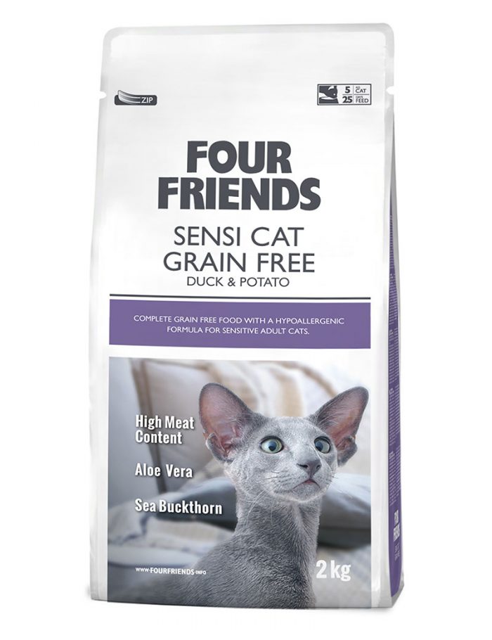 Four Friends Sensi Cat Grain Free 2 kg. Spannmålsfritt hypoallergent torrfoder av anka och potatis, anpassat för känsliga katter.