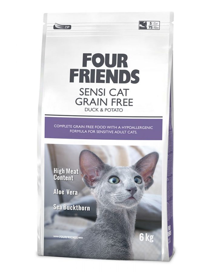 Four Friends Sensi Cat Grain Free 6 kg. Spannmålsfritt hypoallergent torrfoder av anka och potatis, anpassat för känsliga katter.