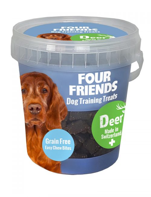Four Friends Dog Training Treats 400 g. Spannmålsfritt träningsgodis och naturgodis med kött av hjort, för hundar.