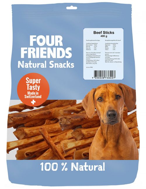 Four Friends Natural Snacks, Beef Sticks 400 g. 100% naturliga tuggpinnar utav torkad kohud.