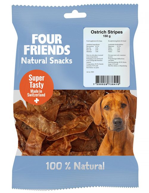 Four Friends Natural Snacks, Ostrich Stripes 150 g. 100% naturligt tuggodis till hund utav torkad strutsmage.