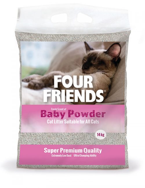 Four Friends kattsand med en doft av babypuder, 14 kg. Klumpbildande och dammar inte.