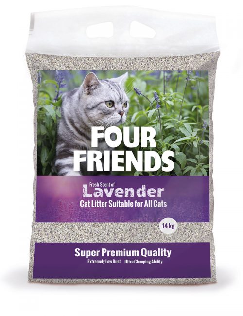 Four Friends kattsand med en doft av lavender, 14 kg. Klumpbildande och dammar inte.