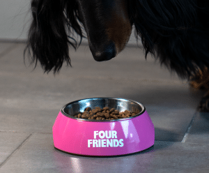Rosa hundmatskål med texten "FourFriends" i vitt och en hundnos som nosar i skålen.