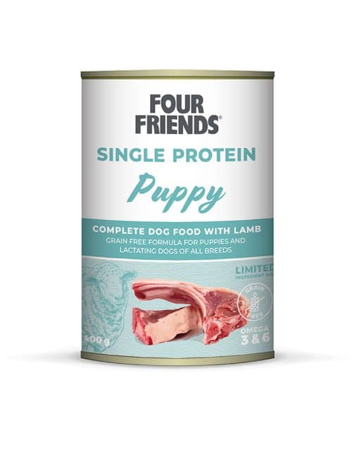 Konservburk med texten "FourFriends Single Protein Puppy" i turkos färg.